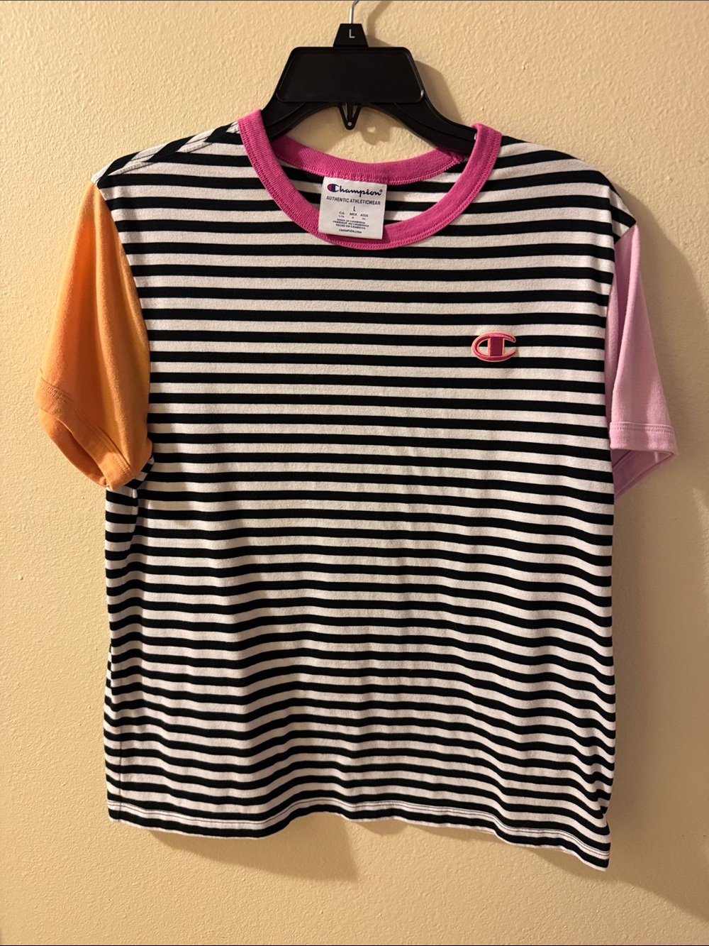 Champion Black & White Striped Tee with Pink Trim and Multi-Color Sleeves